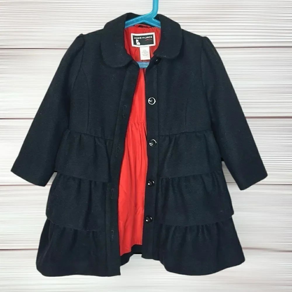 Girl’s Black Ruffle Wool Coat by Janie and Jack Collection Lined Size 2T-3